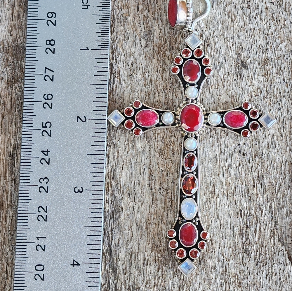 Nicky Butler Sterling Silver Ruby Pearl Garnet Moonstone Cross Pendant Vintage - Picture 4 of 9